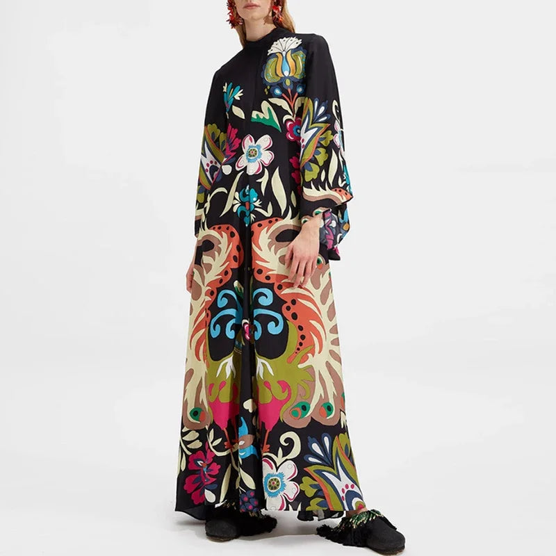 Ethnic Retro Spring Print Boho Long Dress Women Sexy Stand Collar Lace-up Party Dress Fall Long Sleeve Loose Ladies Maxi Dresses