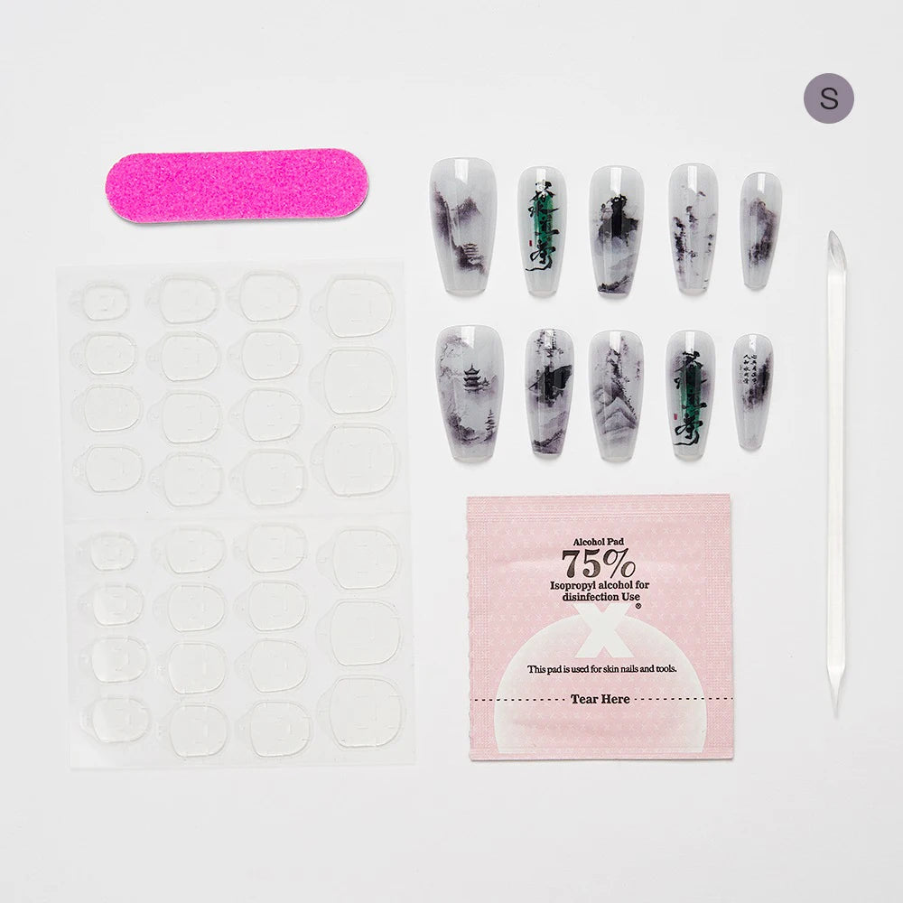10PCS Chinese Bamboo Long Press on Nails Poetry Painting Design Fake Nails Set Reusable Full Cover Acrylic Nails Art for Women