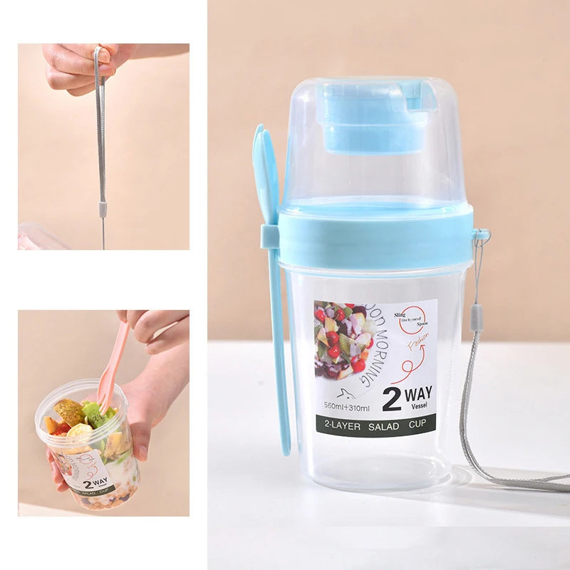 Portable Double-Layer Salad Cup Oatmeal Cereal Nut Yogurt Salad Cup Container Set With Fork School Lunch Box Food Storage Box