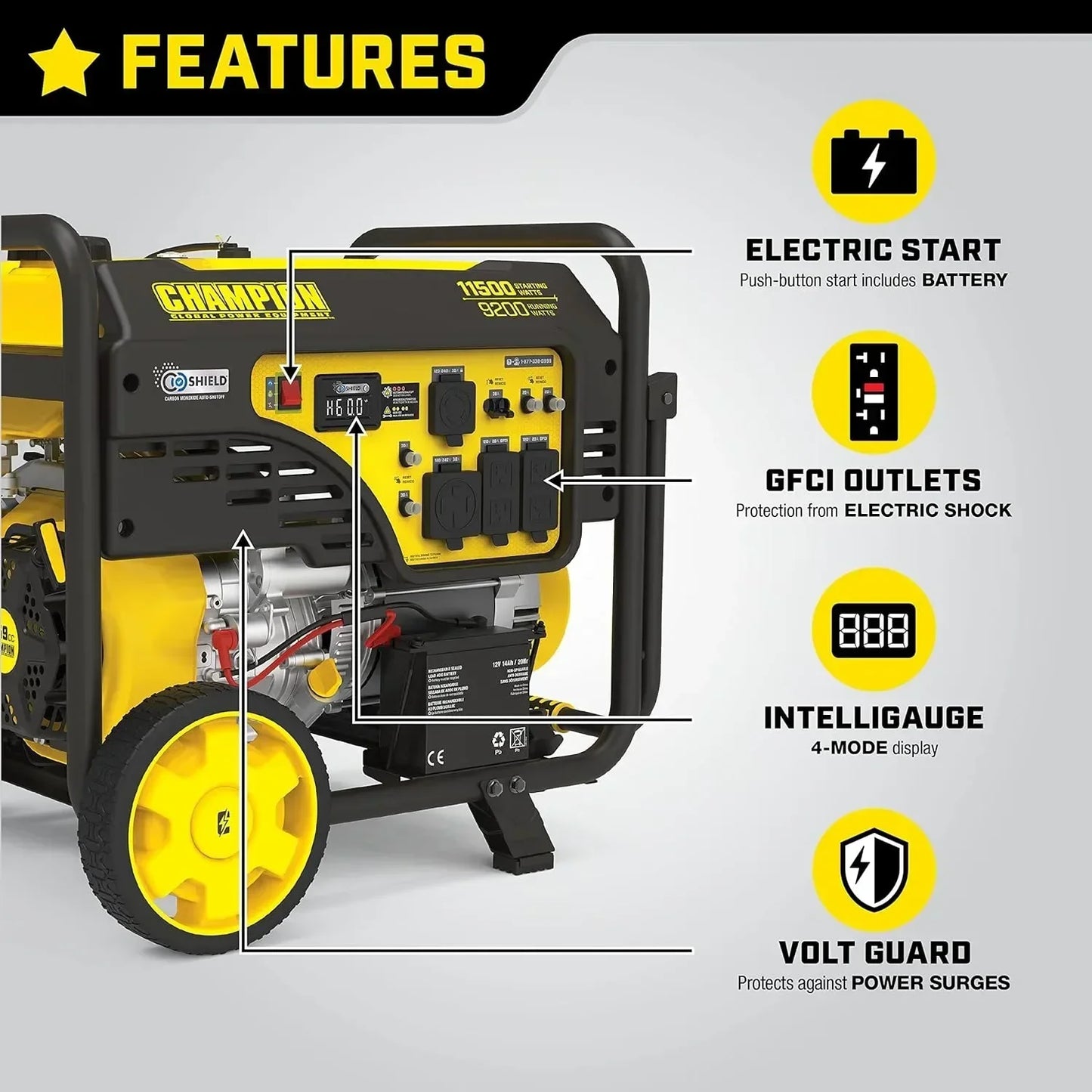 201110 11,500/9,200-Watt Electric Start Portable Generator with CO Shield,Yellow