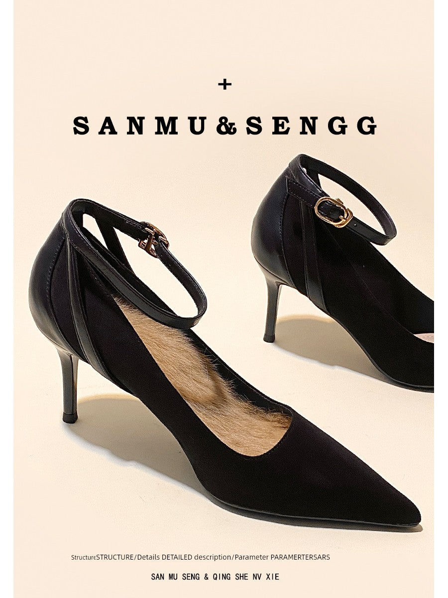 Ankle-Strap High Heels Female Fall and Winter Fleece-lined 2025 New Arrival Flats Black Work Clothing Professional Stiletto Pointed-Toe Shoes