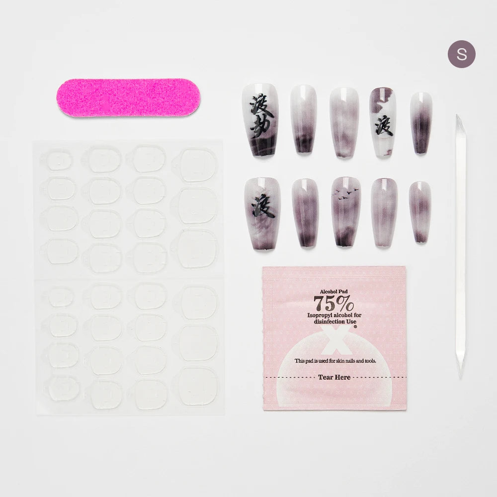 10PCS Chinese Bamboo Long Press on Nails Poetry Painting Design Fake Nails Set Reusable Full Cover Acrylic Nails Art for Women