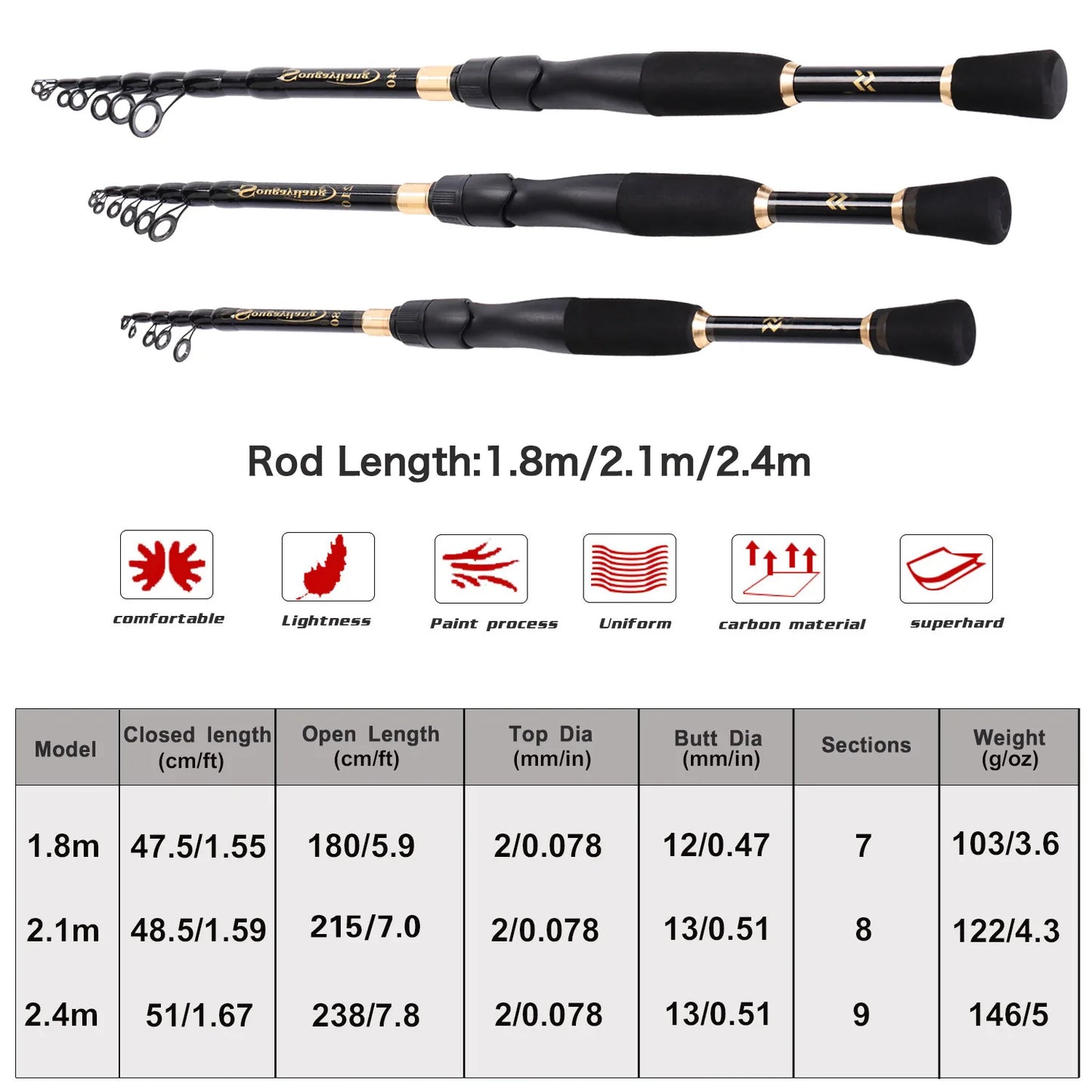 Sougayilang 2.1m 2.4m Telescopic Fishing Rod Ultralight Weight Spinning Rod Casting Fishing Rod Carbon Fiber Fishing Rod Tackle