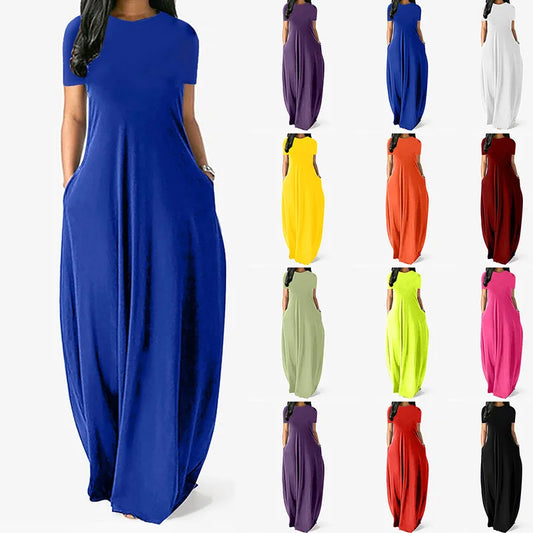 Women’s Oversize Long Dress Casual Solid Color O-Neck Pockets Summer Dress Female Plus Size Short Sleeve High Waist Maxi Dresses