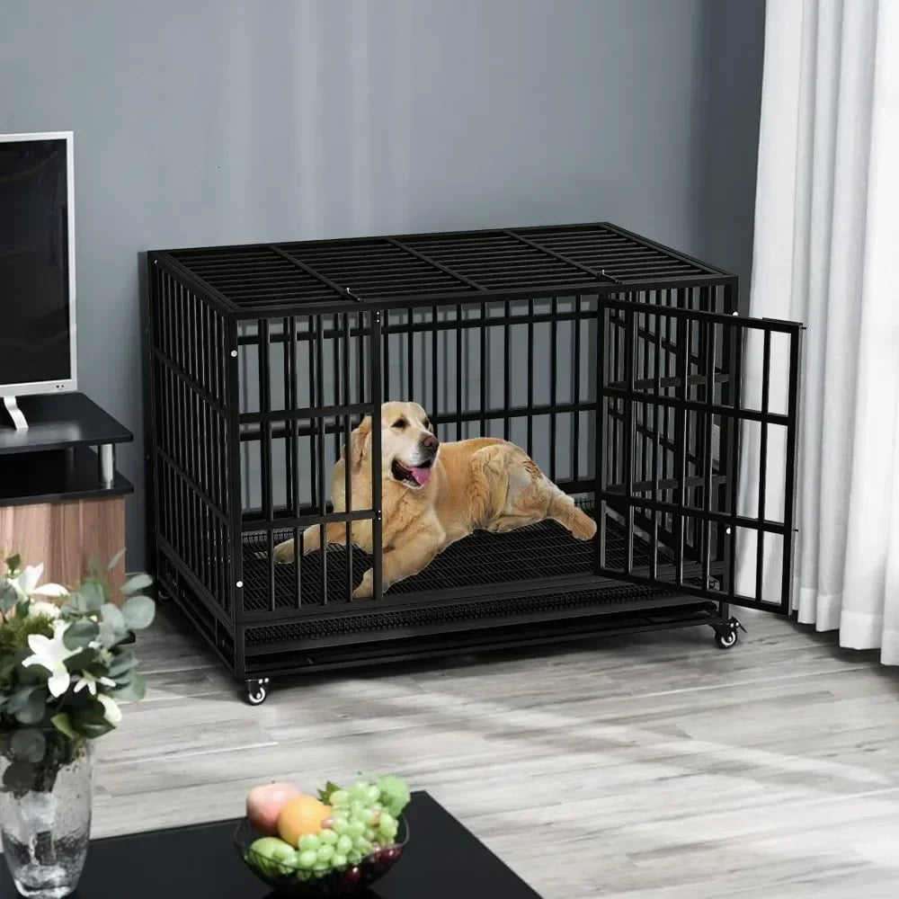 48/38 inch Heavy Duty Indestructible Dog Crate, Escape Proof Dog Cage Kennel with Lockable Wheels,47.2"L x 30.7"W x 36.0"H