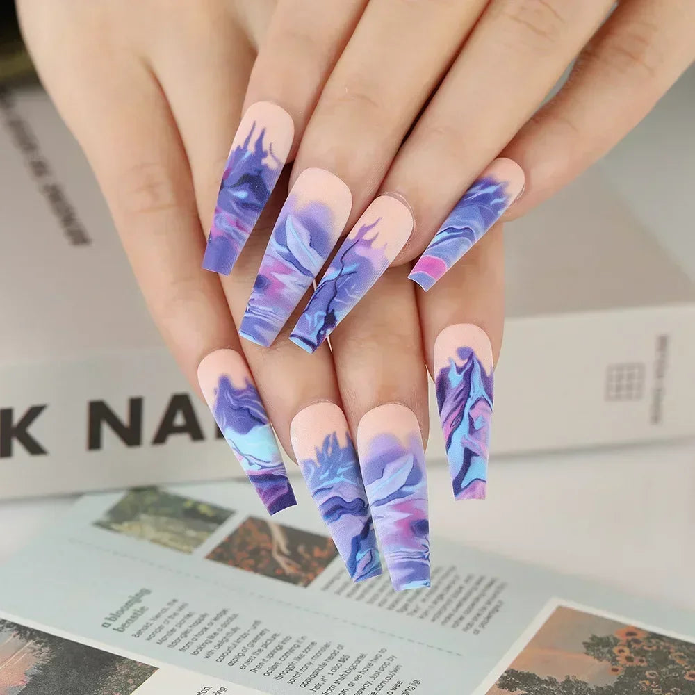 24Pc Long Green False Nails 3D Camellia Butterfly Design Fake Nail Coffin Ballet Press on Nails Artificial Wearable Finished Tip