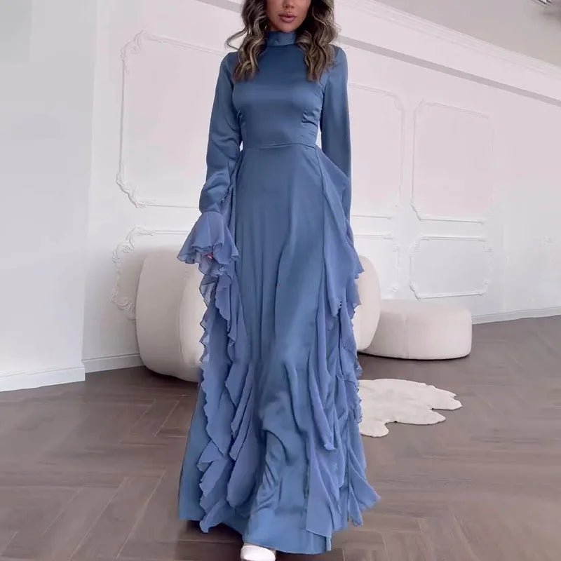 Elegant Women's O-neck Ruffled Slim Long Dress Autumn Flared Sleeves Solid Casual Dress New Temperament High Waist Banquet Dress