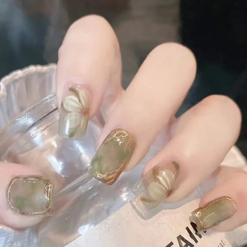 24Pcs/Box Gradient Color Artifical Press On Nails With Glue Long Coffin Fake Nails Lovely Girls Nail Art Ballerina False Nails