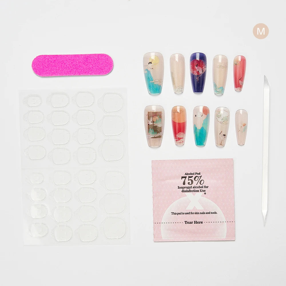 10PCS Chinese Bamboo Long Press on Nails Poetry Painting Design Fake Nails Set Reusable Full Cover Acrylic Nails Art for Women