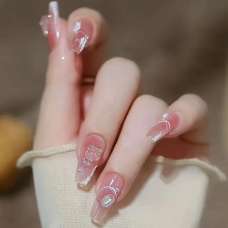 24Pcs/Box Gradient Color Artifical Press On Nails With Glue Long Coffin Fake Nails Lovely Girls Nail Art Ballerina False Nails