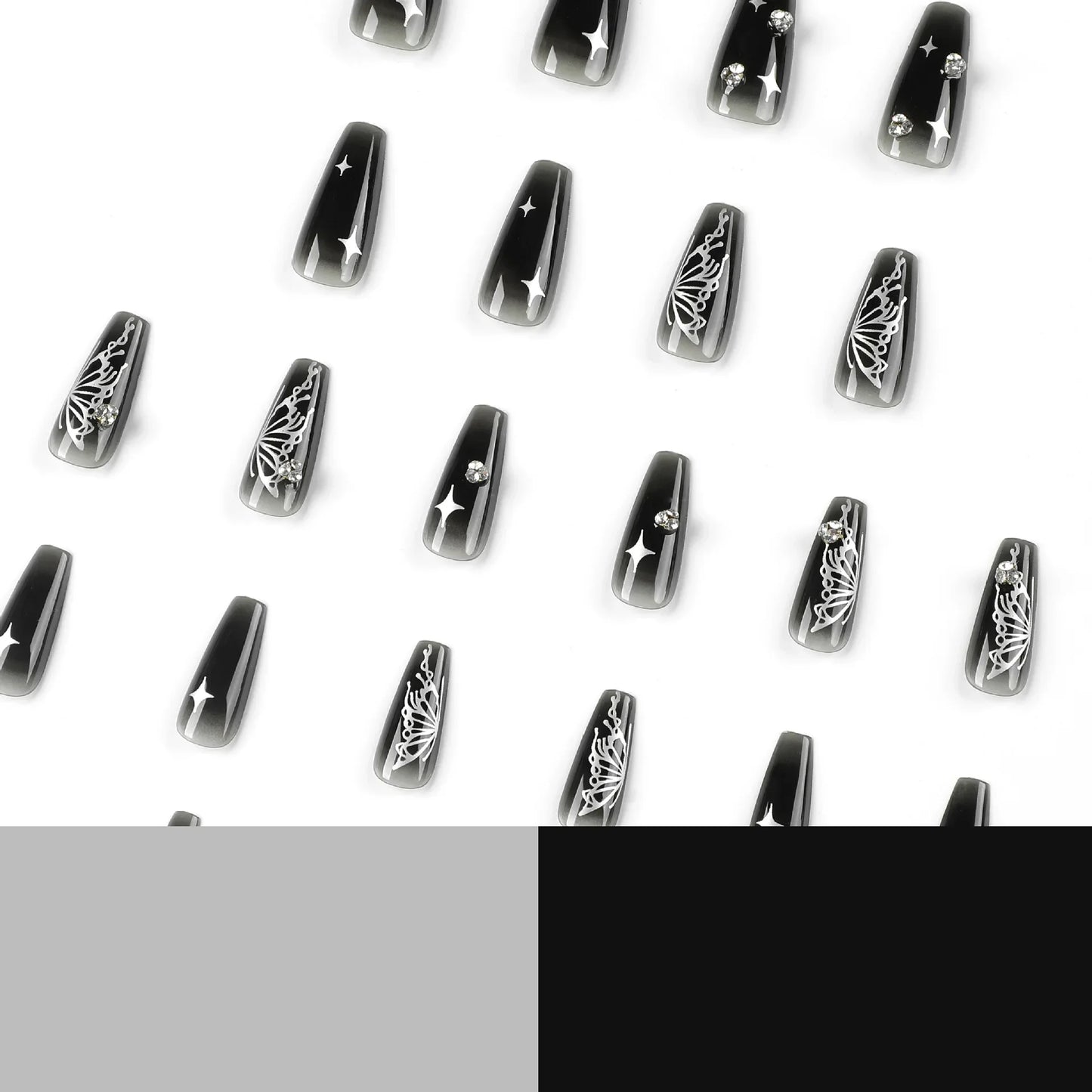 Silver Butterfly Shiny Rhinestone Wearable Translucent Black T-shaped Fake Nails Finished False Nails Press on Nails with Glue
