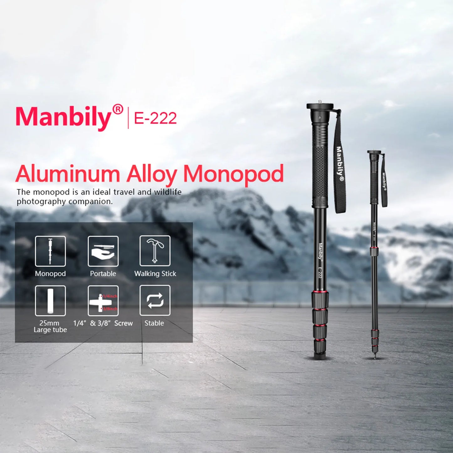 Manbily E-222 65" Camera Travel Monopod 5 Sections Aluminum Monopod for DSLR Cameras Portable Lightweight Walking Trekking Stick