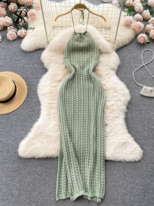 SINGREINY Sexy Backless Knitted Dress Women Halter Sleeveless Hollow Out Split Sundress Korean Vacation Knit Beach Long Dress