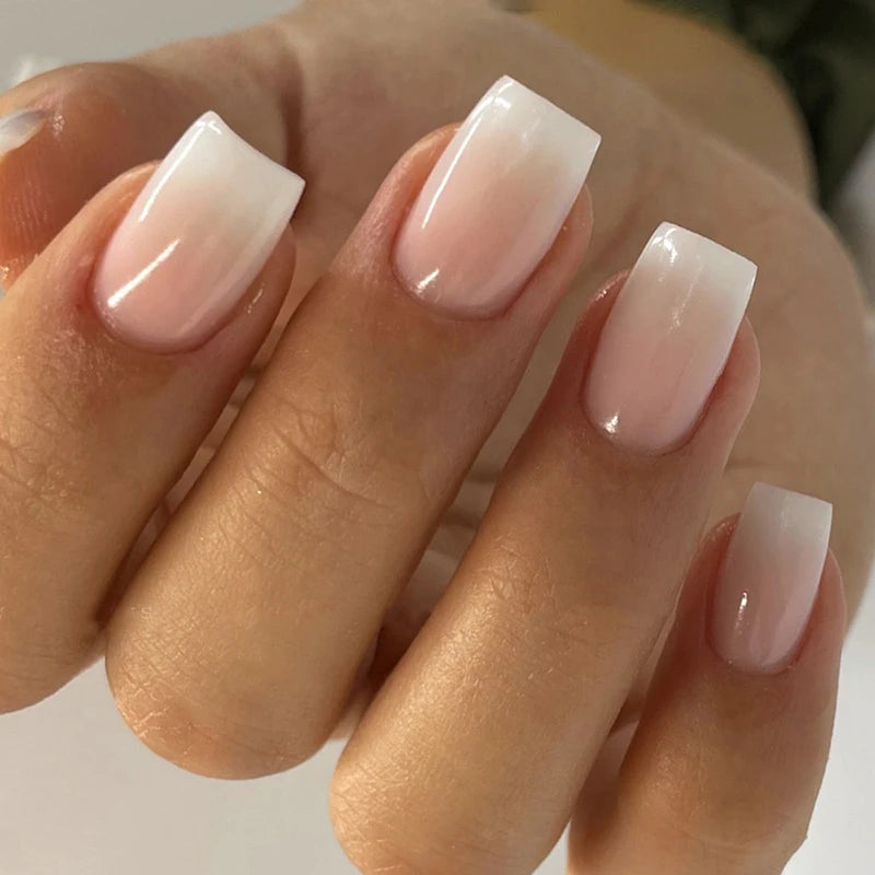 Glossy Press On Nails Set Short Oval Shiny Gradient French Nail Art Design Reusable Full Cover Fake Nails With Glue For Girls
