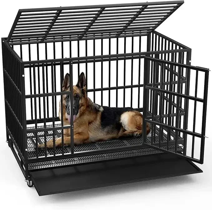 48/38 inch Heavy Duty Indestructible Dog Crate, Escape Proof Dog Cage Kennel with Lockable Wheels,47.2"L x 30.7"W x 36.0"H