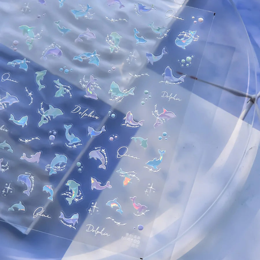 1Sheet Shell Light Nail Sticker 5D Cute Jelly Dream Water Bubble Dolphin Sticker Press On Nails Japanese Nail Decorations Decals