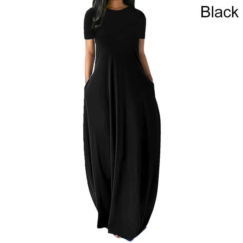 Women’s Oversize Long Dress Casual Solid Color O-Neck Pockets Summer Dress Female Plus Size Short Sleeve High Waist Maxi Dresses