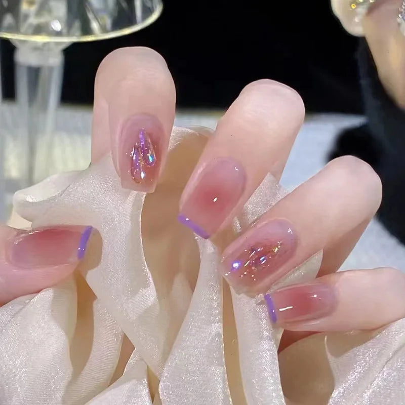 24Pcs/Box Gradient Color Artifical Press On Nails With Glue Long Coffin Fake Nails Lovely Girls Nail Art Ballerina False Nails