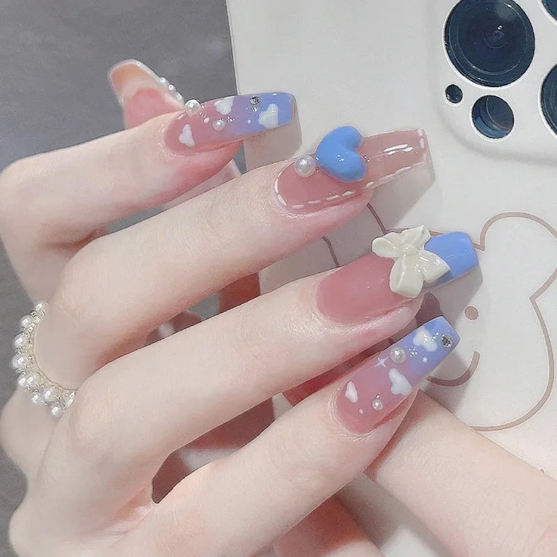 24PC Stereoscopic Vision False Nails Artificial Colors Fake Nails with Glue Full Cover Nail Tips Press on Nails Manicure Tools
