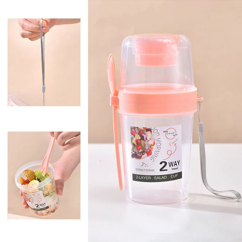 Portable Double-Layer Salad Cup Oatmeal Cereal Nut Yogurt Salad Cup Container Set With Fork School Lunch Box Food Storage Box