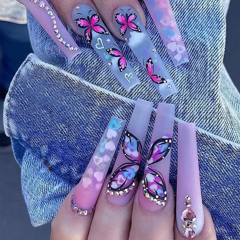 24Pcs Leopard Print Design False Nails with Bow Rhinestone Long Square Press on Nails Wearable French Ballet Fake Nail Tips