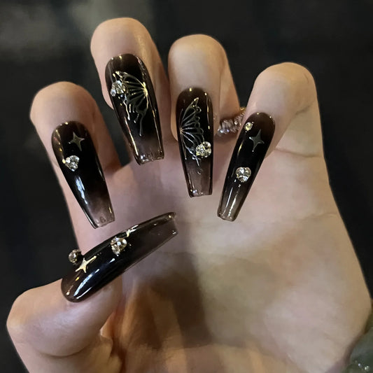 Silver Butterfly Shiny Rhinestone Wearable Translucent Black T-shaped Fake Nails Finished False Nails Press on Nails with Glue