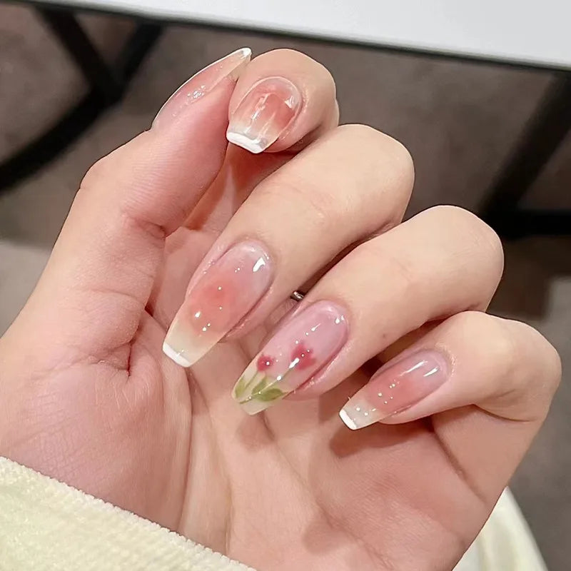 24Pcs/Box Gradient Color Artifical Press On Nails With Glue Long Coffin Fake Nails Lovely Girls Nail Art Ballerina False Nails