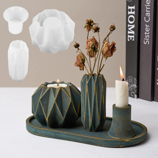 Diamond Shape Candlestick Vase Silicone Mold Geometry Art Candle Jar Concrete Cement Mold Handicraft Epoxy Resin Mold Home Decor