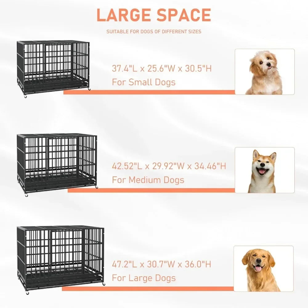 48/38 inch Heavy Duty Indestructible Dog Crate, Escape Proof Dog Cage Kennel with Lockable Wheels,47.2"L x 30.7"W x 36.0"H