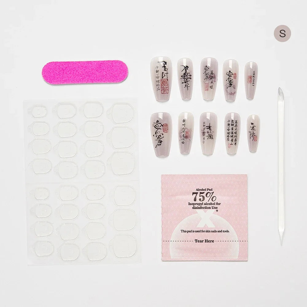 10PCS Chinese Bamboo Long Press on Nails Poetry Painting Design Fake Nails Set Reusable Full Cover Acrylic Nails Art for Women
