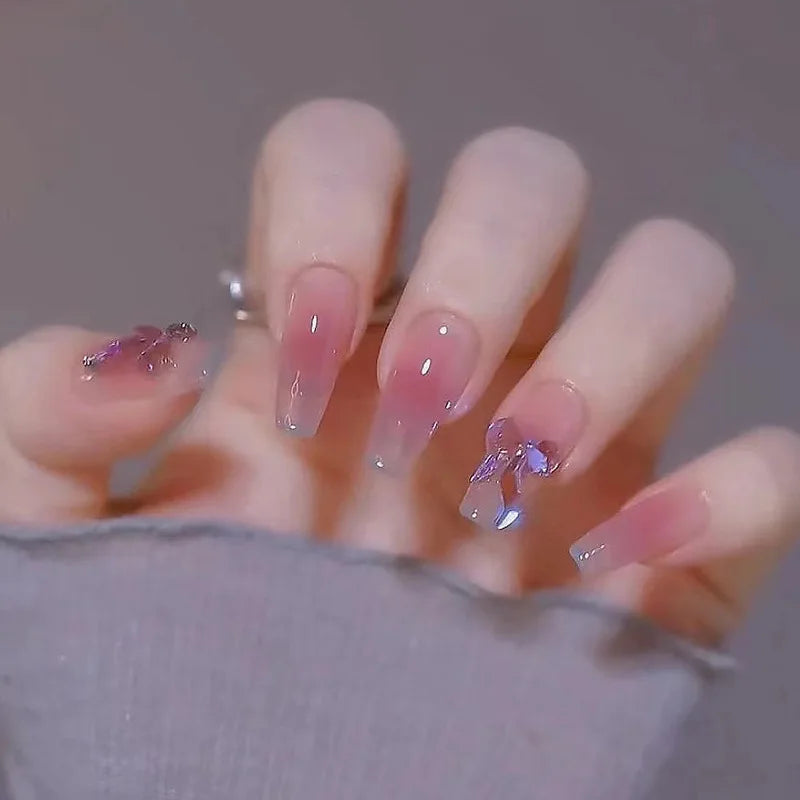 24Pcs/Box Gradient Color Artifical Press On Nails With Glue Long Coffin Fake Nails Lovely Girls Nail Art Ballerina False Nails