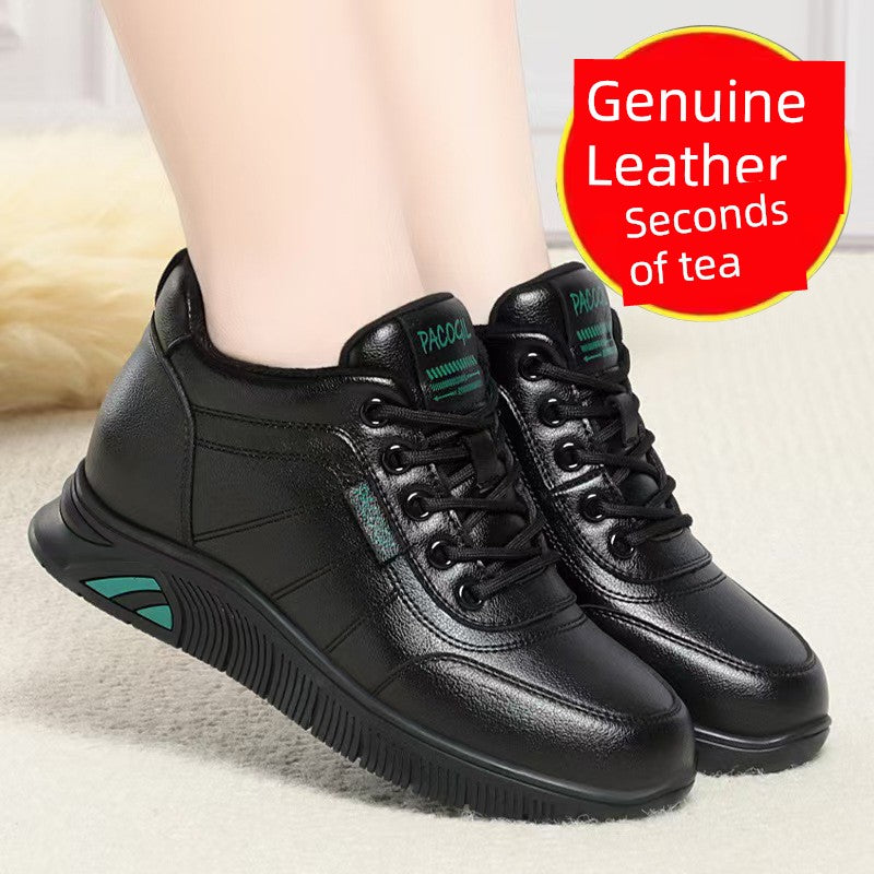Genuine Leather Middle-Aged and Elderly Mom Shoes Women 2025 Fleece-lined Fall and Winter New Arrival Soft Bottom Non-Slip Comfortable Warm Leisure Sneaker