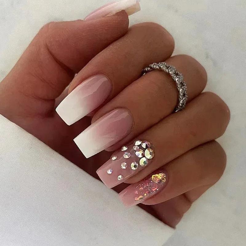 Silver Butterfly Shiny Rhinestone Wearable Translucent Black T-shaped Fake Nails Finished False Nails Press on Nails with Glue