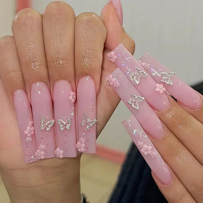 24Pc Long Green False Nails 3D Camellia Butterfly Design Fake Nail Coffin Ballet Press on Nails Artificial Wearable Finished Tip