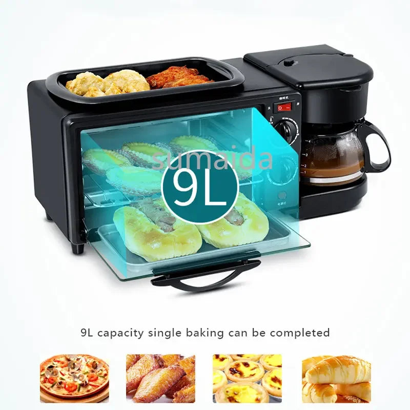 Home Use 3 In 1 Breakfast Makers Multi Function Breakfast Machine with Electric Heater 9L Toaster Oven Coffee Maker Frying Pan