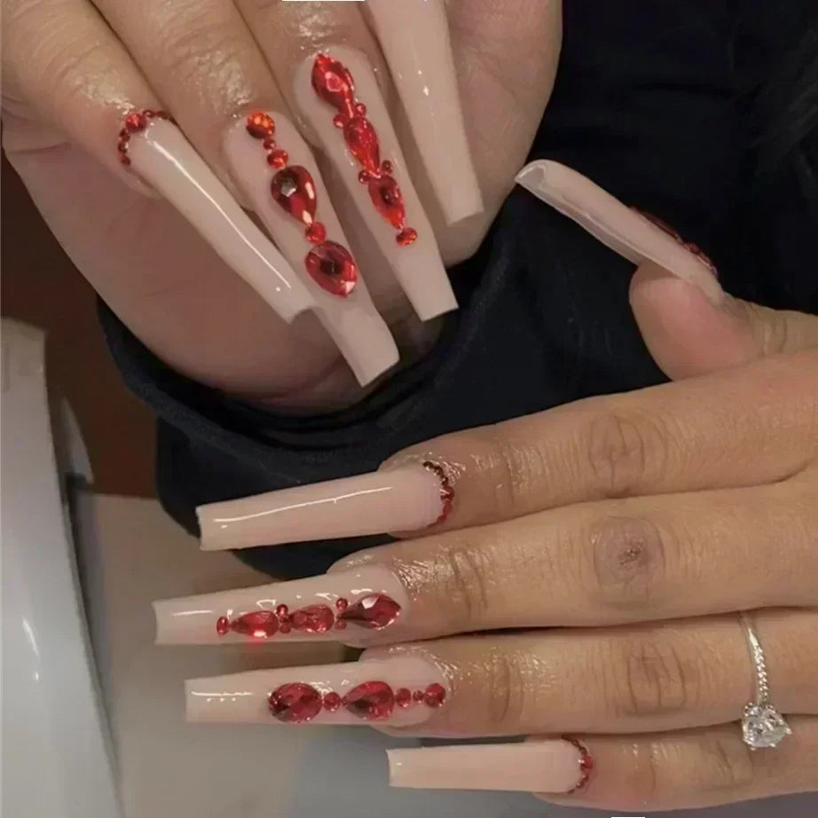 24Pcs Pink French False Nails French with Rhinestone Acrylic Fake Nail Tips Detachable Coffin Press on Nails Full Cover Manicure