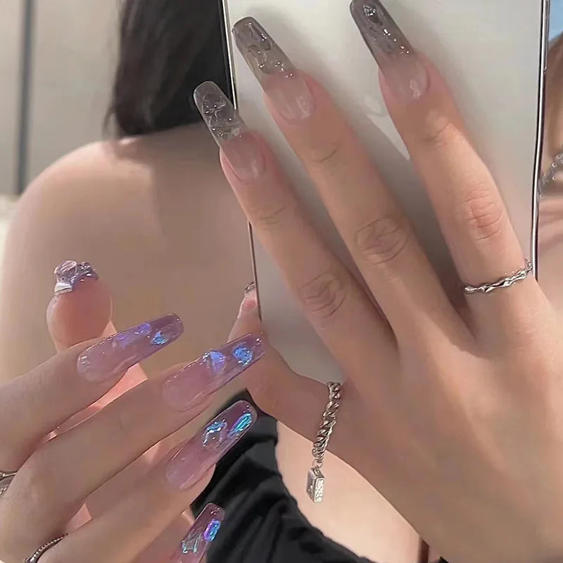 24Pcs/Box Gradient Color Artifical Press On Nails With Glue Long Coffin Fake Nails Lovely Girls Nail Art Ballerina False Nails