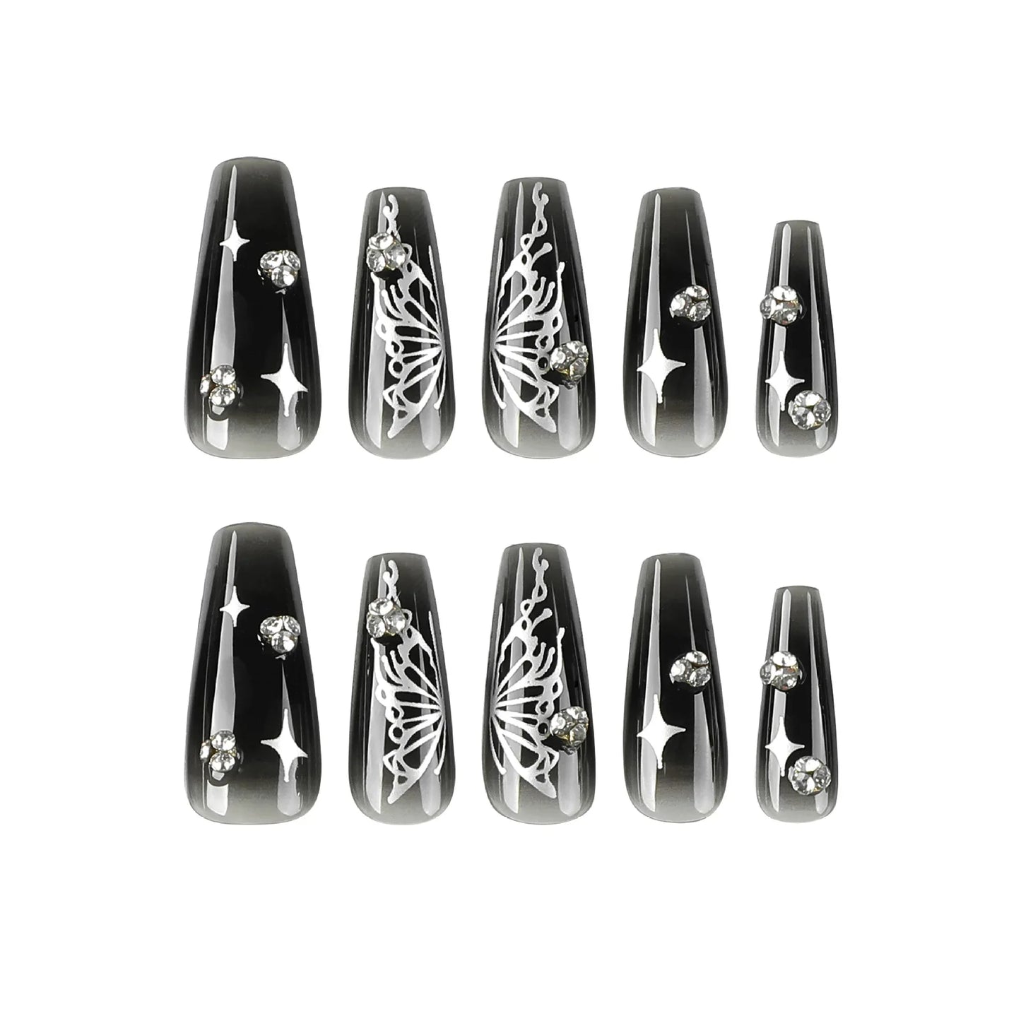 Silver Butterfly Shiny Rhinestone Wearable Translucent Black T-shaped Fake Nails Finished False Nails Press on Nails with Glue
