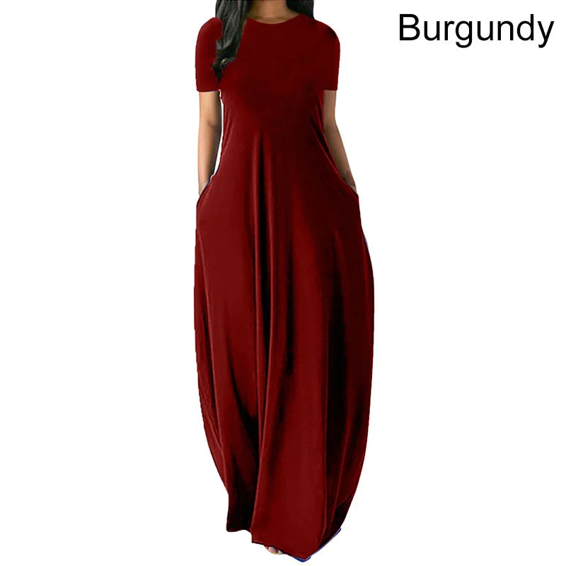 Women’s Oversize Long Dress Casual Solid Color O-Neck Pockets Summer Dress Female Plus Size Short Sleeve High Waist Maxi Dresses