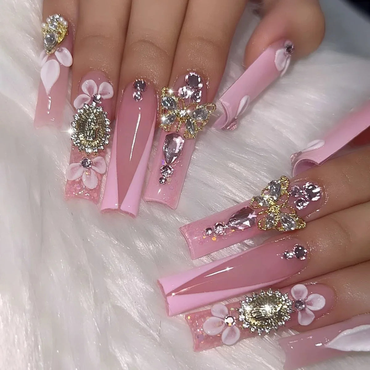 24Pcs Leopard Print Design False Nails with Bow Rhinestone Long Square Press on Nails Wearable French Ballet Fake Nail Tips