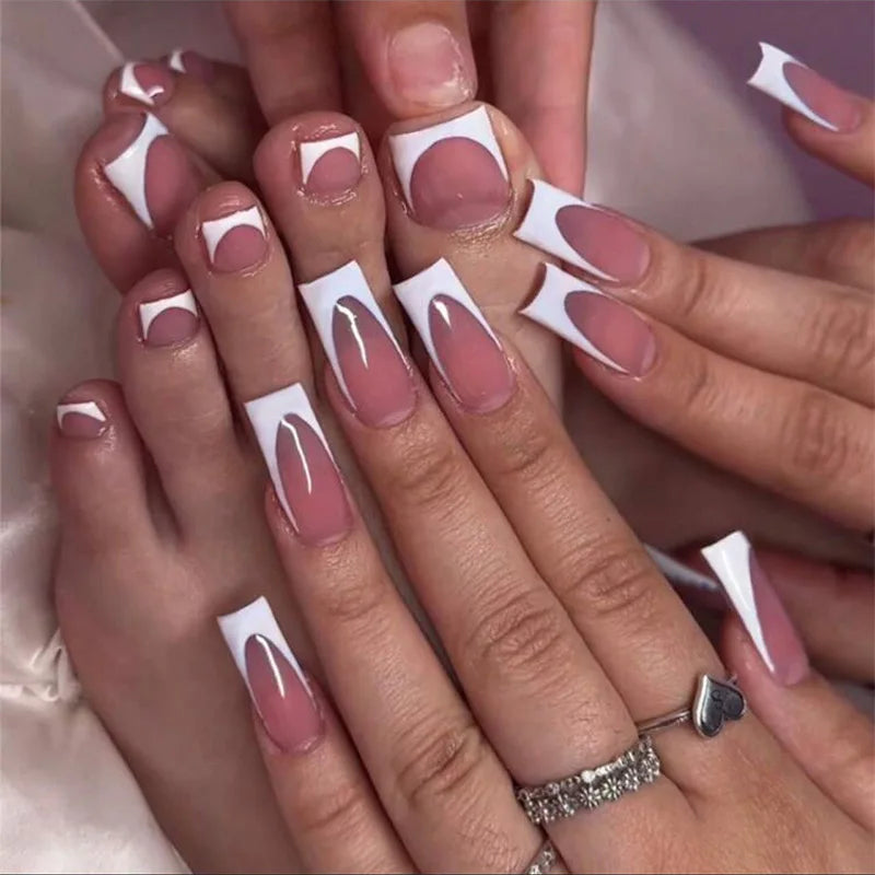 Glossy Press On Nails Set Short Oval Shiny Gradient French Nail Art Design Reusable Full Cover Fake Nails With Glue For Girls
