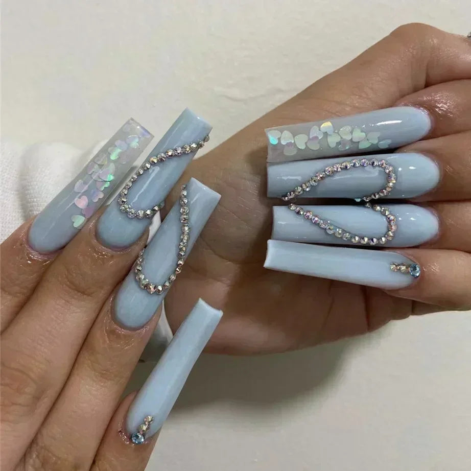 24Pcs Pink French False Nails French with Rhinestone Acrylic Fake Nail Tips Detachable Coffin Press on Nails Full Cover Manicure