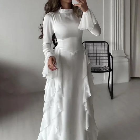 Elegant Women's O-neck Ruffled Slim Long Dress Autumn Flared Sleeves Solid Casual Dress New Temperament High Waist Banquet Dress