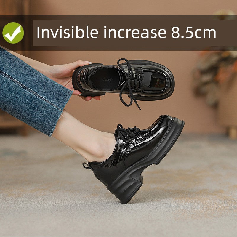 Jiang Yan Same Style Wear Elevator Women's Shoes 8cm British Style Small Leather Shoes Platform Shoes with Wide Leg Pants Small Single Shoes
