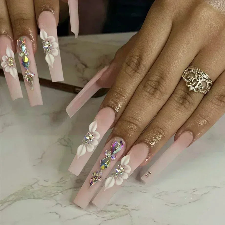 24Pcs Pink French False Nails French with Rhinestone Acrylic Fake Nail Tips Detachable Coffin Press on Nails Full Cover Manicure