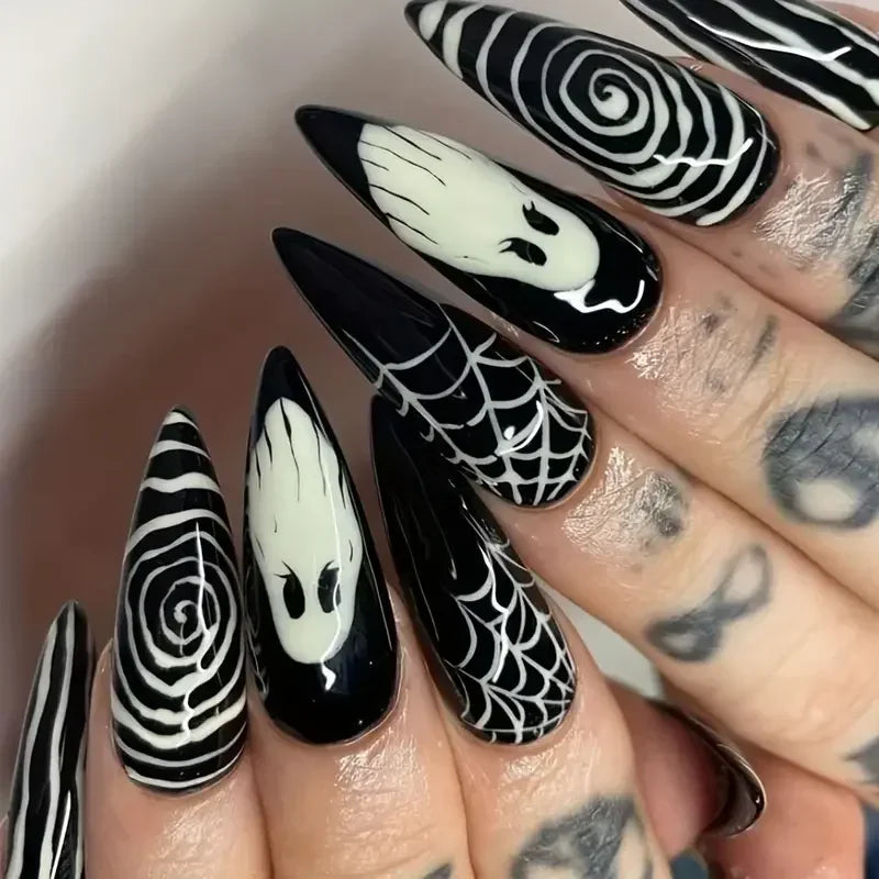 24Pcs Halloween Ghost Press on Nails Personalized Cobweb Pattern Teardrop Nails Full Cover False Nail for Women&Girls Party Wear