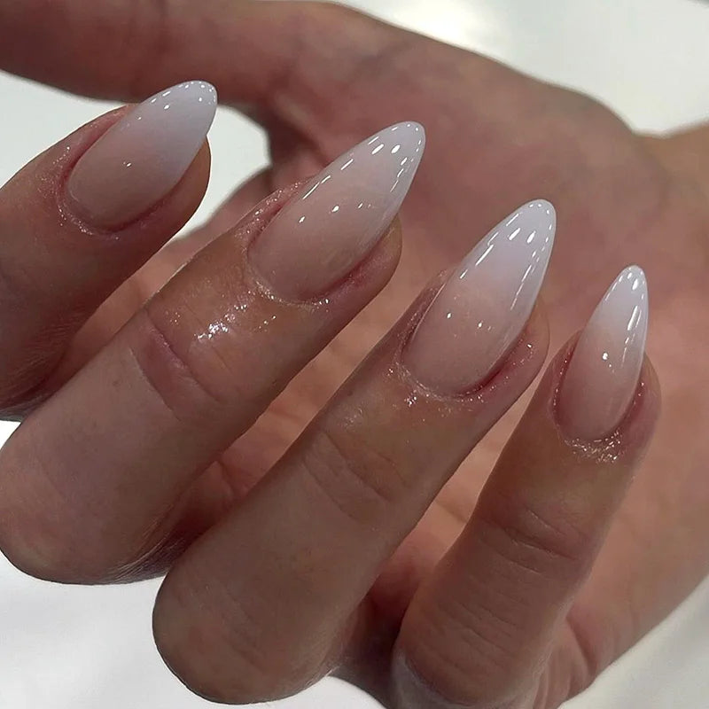 Glossy Press On Nails Set Short Oval Shiny Gradient French Nail Art Design Reusable Full Cover Fake Nails With Glue For Girls