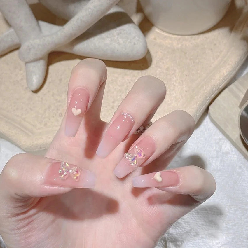 24Pcs/Box Gradient Color Artifical Press On Nails With Glue Long Coffin Fake Nails Lovely Girls Nail Art Ballerina False Nails