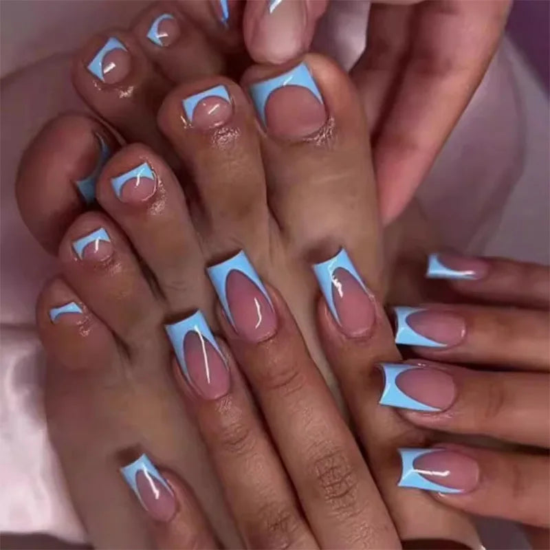 Glossy Press On Nails Set Short Oval Shiny Gradient French Nail Art Design Reusable Full Cover Fake Nails With Glue For Girls