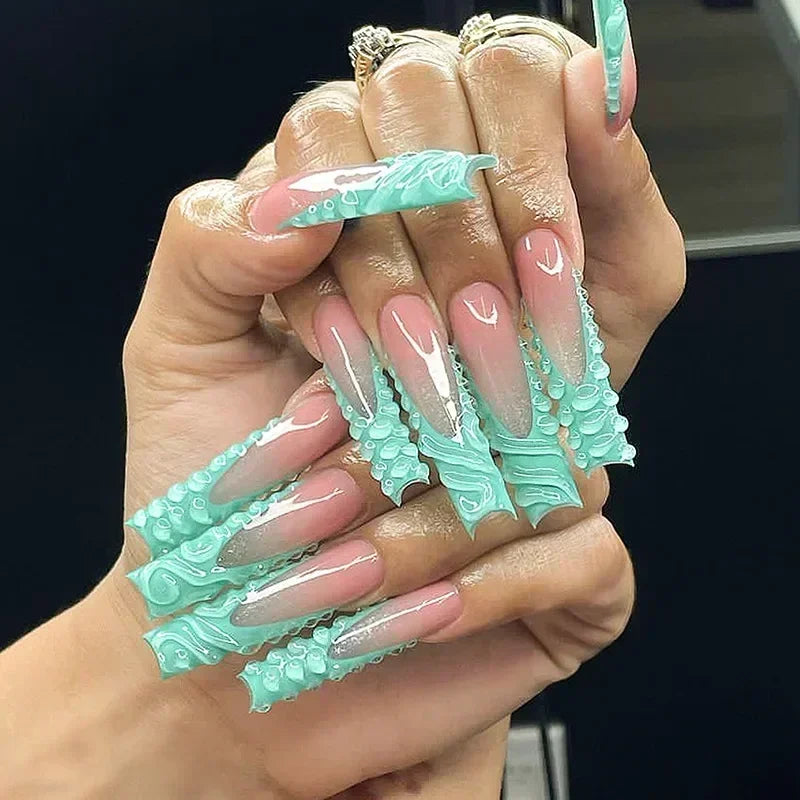 24Pc Long Green False Nails 3D Camellia Butterfly Design Fake Nail Coffin Ballet Press on Nails Artificial Wearable Finished Tip